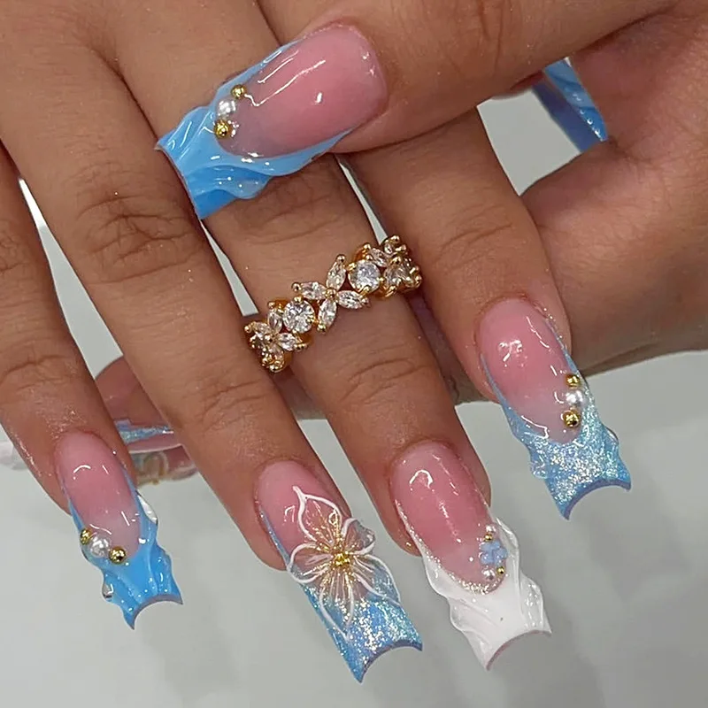 24Pcs Blue White Shiny Powder French Press on Fake Nails 3D Flower Pearl False Nails Art Long Square Head Wearable Manicure Tips
24Pcs Blue White Shiny Powder French Press on Fake Nails 3D Flower Pearl False Nails Art Long Square Head Wearable Manicure Tips