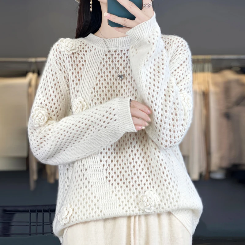 100% Wool O-neck Pullover Autumn Winter Loose Pure Wool Sweater hand-hooked flower Women Casual Hollow Knit Top Wool Knit Jumper
100% Wool O-neck Pullover Autumn Winter Loose Pure Wool Sweater hand-hooked flower Women Casual Hollow Knit Top Wool Knit Jumper