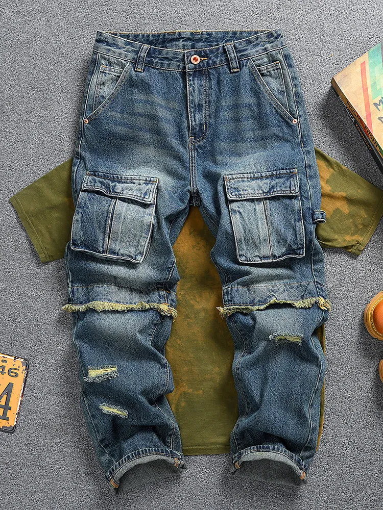 Premium American Style Denim Cargo Pants For Men Retro Distressed Slim Straight Patchwork Raw Hem Fashion Trousers
Premium American Style Denim Cargo Pants For Men Retro Distressed Slim Straight Patchwork Raw Hem Fashion Trousers