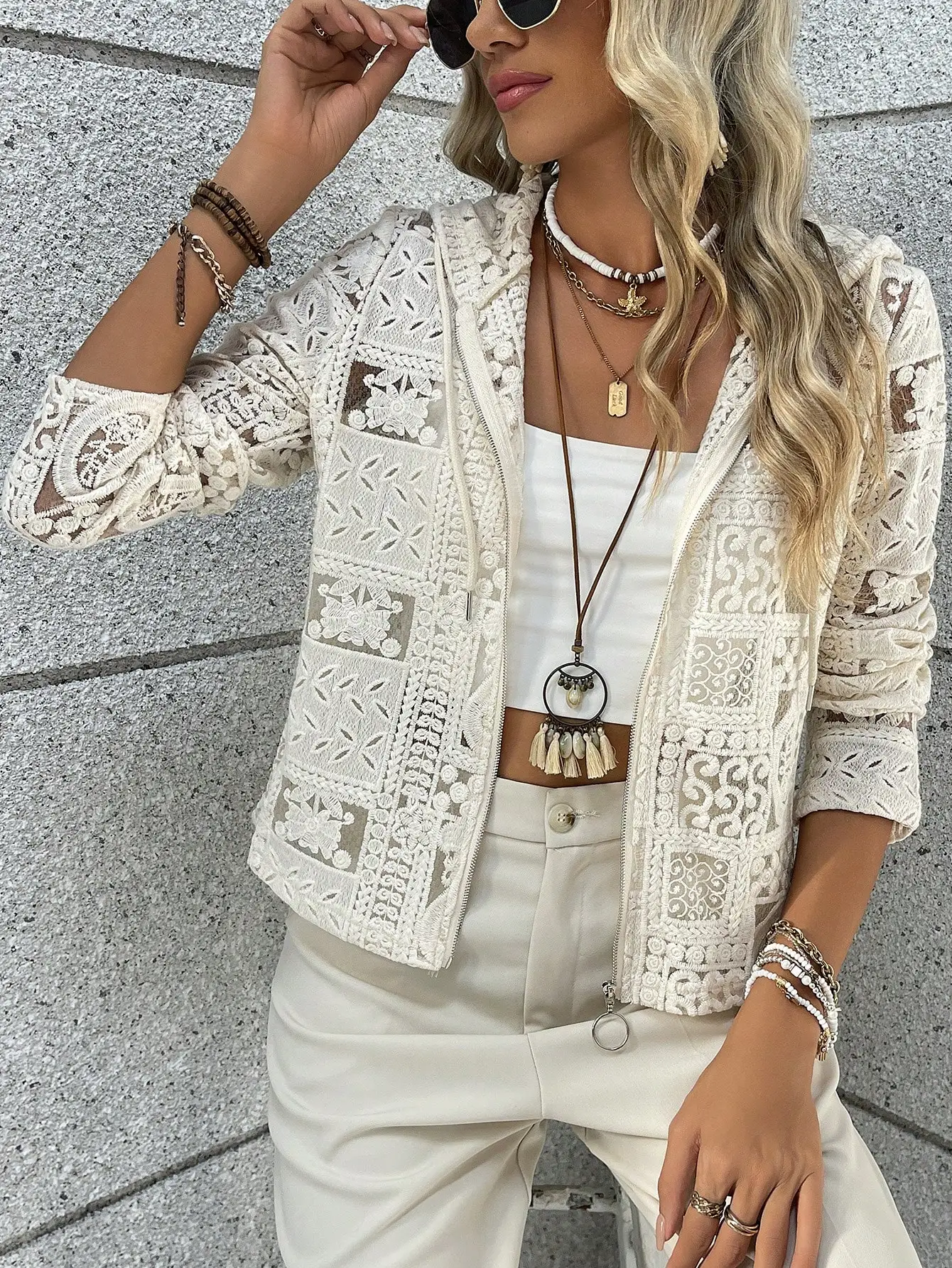 Cream Lace Patchwork Zip-Up Hooded Cropped Cardigan for Women
Cream Lace Patchwork Zip-Up Hooded Cropped Cardigan for Women