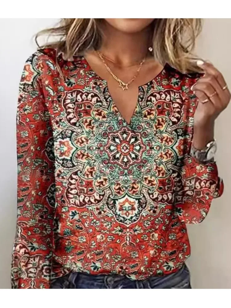 Spring T-shirt New Floral Printing For Women Long Sleeve V-neck Top Casual Loose Fashion Commuting Simple Style Ladies Tees 2024
Spring T-shirt New Floral Printing For Women Long Sleeve V-neck Top Casual Loose Fashion Commuting Simple Style Ladies Tees 2024