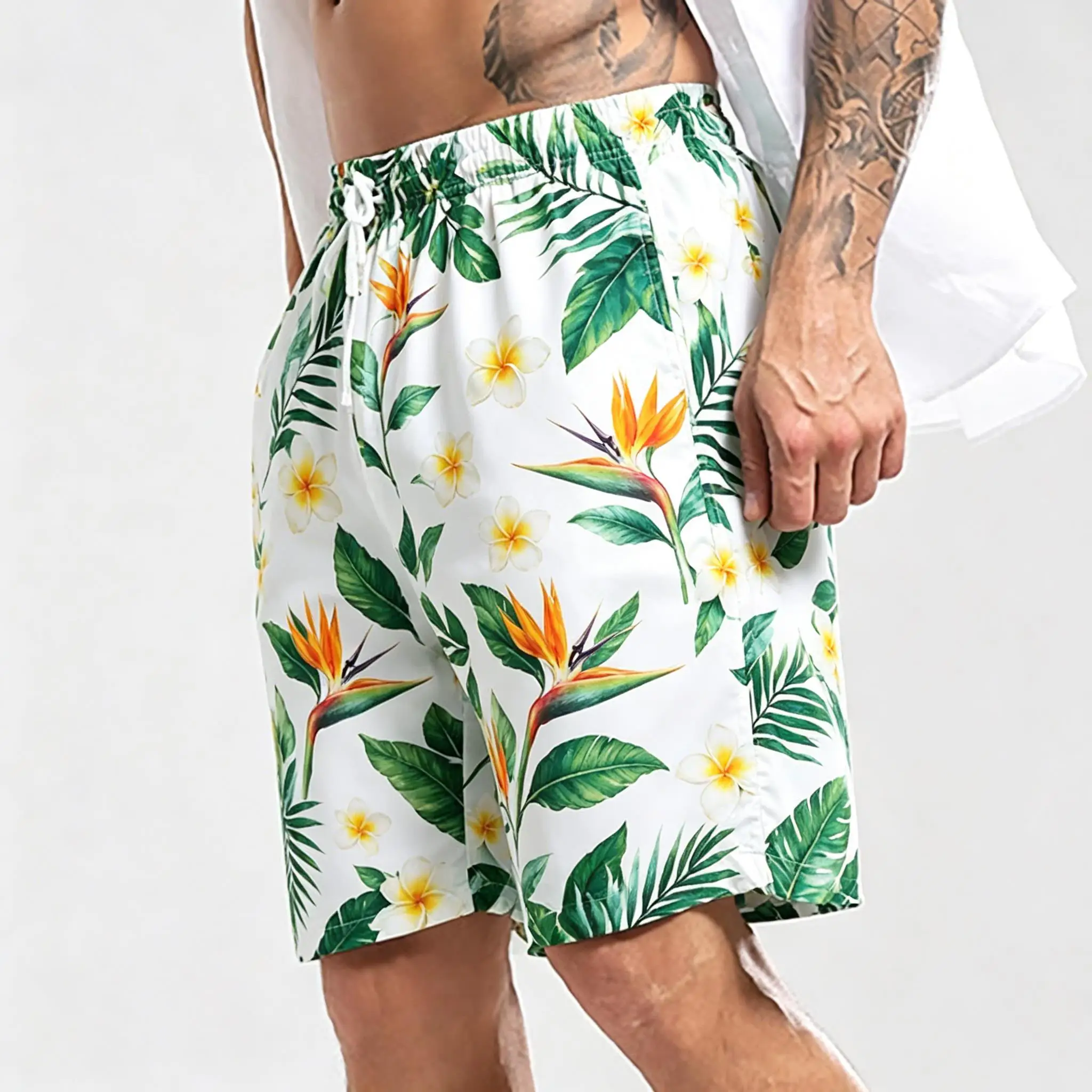 Men's Tropical Plumeria & Bird Of Paradise Print Drawstring Shorts, Casual Loose Swim Trunks For Spring Summer Wear
Men's Tropical Plumeria & Bird Of Paradise Print Drawstring Shorts, Casual Loose Swim Trunks For Spring Summer Wear