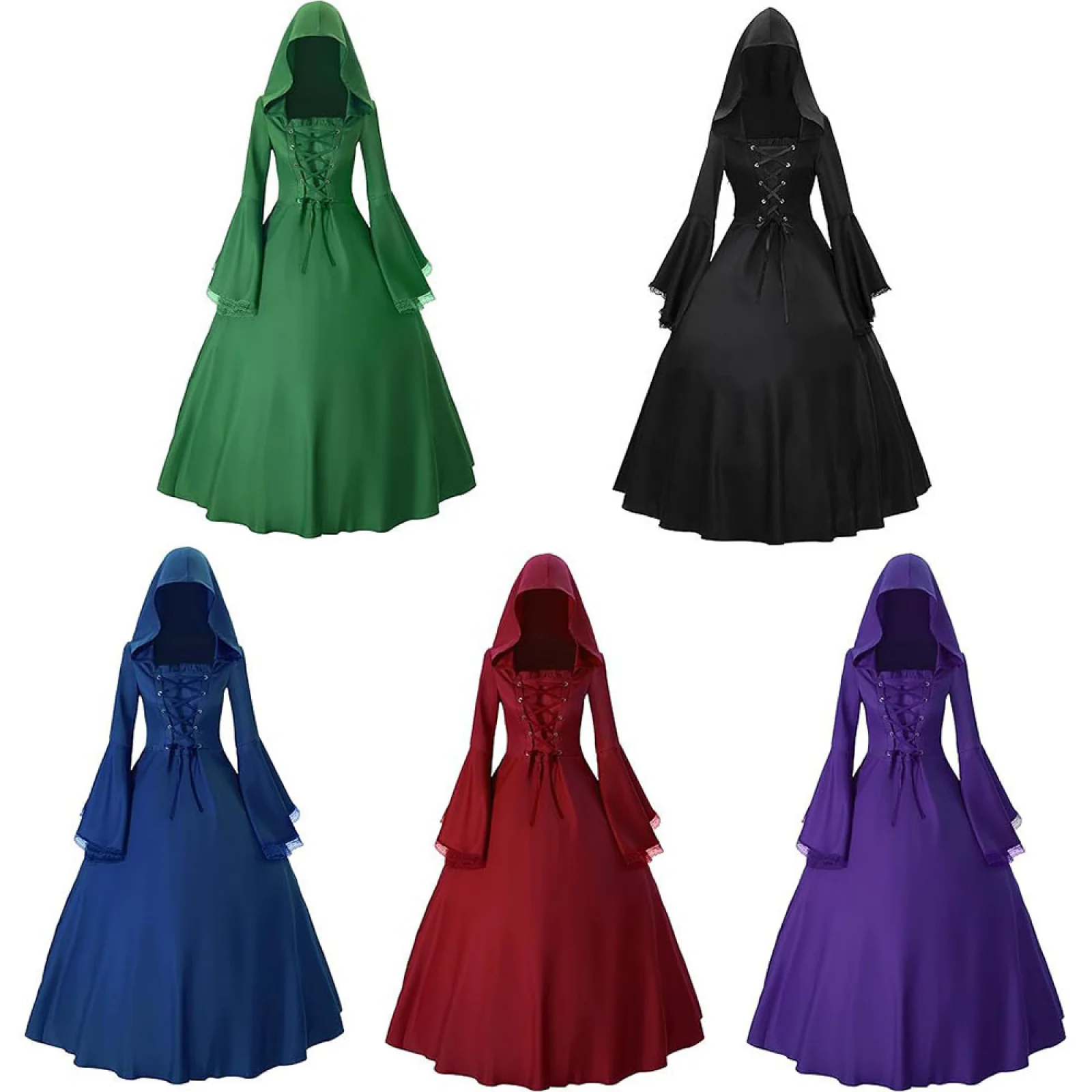 Medieval Women Gothic Victorian Hooded Dress Vintage Lace Up Flare Sleeve Witch Long Skirt for Halloween Carnival Costume
Medieval Women Gothic Victorian Hooded Dress Vintage Lace Up Flare Sleeve Witch Long Skirt for Halloween Carnival Costume