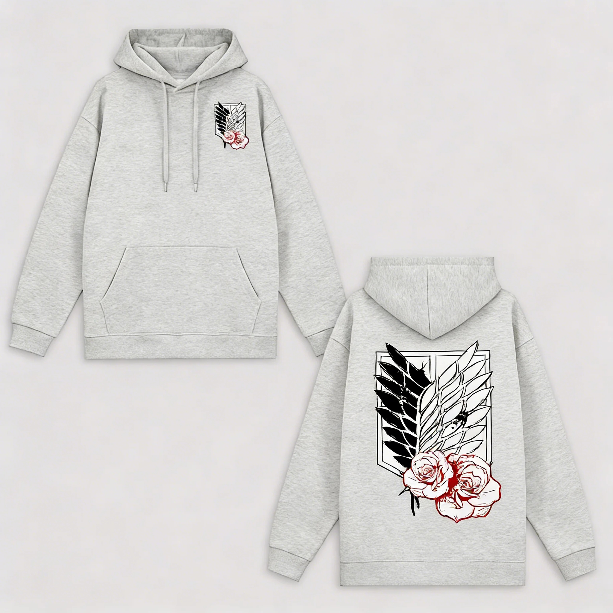 Мужская светло-серая весенняя толстовка с флисовой подкладкой из хлопка, с принтом на лицевой и задней стороне: логотип армии разведчиков из аниме «Атака Титанов» и розы.
Мужская светло-серая весенняя толстовка с флисовой подкладкой из хлопка, с принтом на лицевой и задней стороне: логотип армии разведчиков из аниме «Атака Титанов» и розы.