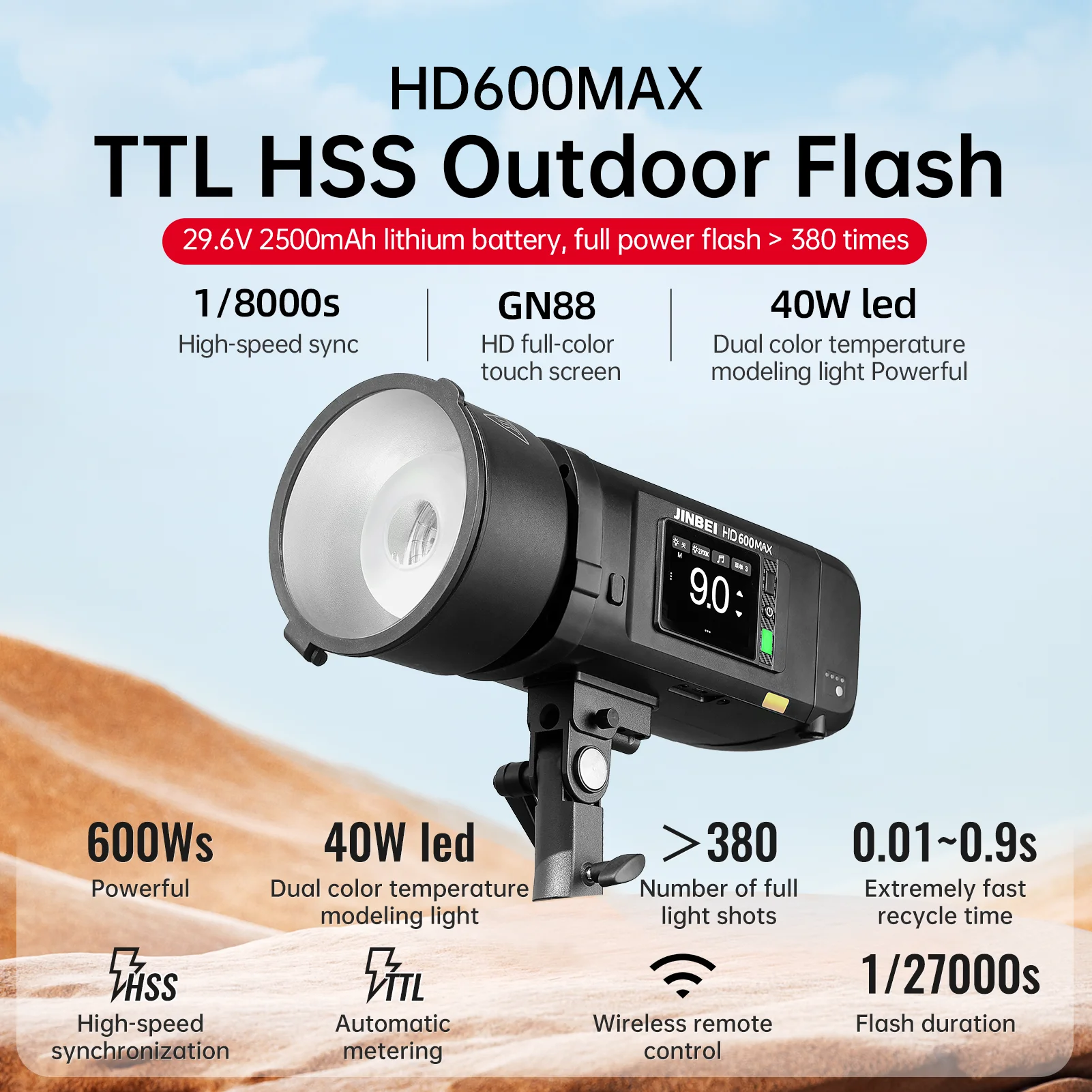 JINBEI HD600MAX Portable Outdoor Flash HSS TTL All-in-One Flash Li-on Battery Outdoor Camera Flash Light good
JINBEI HD600MAX Portable Outdoor Flash HSS TTL All-in-One Flash Li-on Battery Outdoor Camera Flash Light good