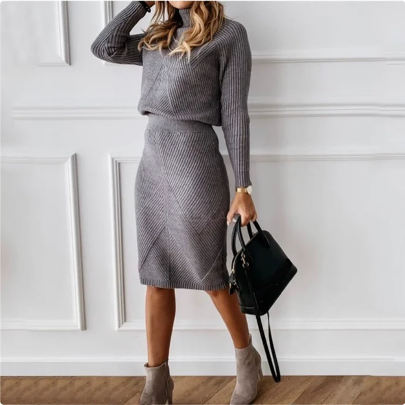 Women Elegant Solid Knitted Outfit, Warm Turtleneck Sweater Matched with Elastic Waist Skirt, Casual Commuter Two-Piece Suit
Women Elegant Solid Knitted Outfit, Warm Turtleneck Sweater Matched with Elastic Waist Skirt, Casual Commuter Two-Piece Suit