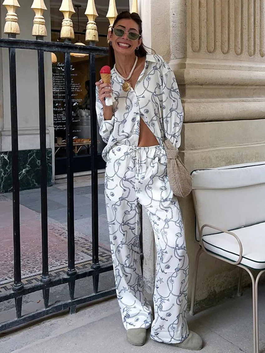 Marthaqiqi Printing Women Nightwear Suit Turn-Down Collar Sleepwear Long Sleeve Nightgown Wide Leg Pants Loose Ladies Pajama Set
Marthaqiqi Printing Women Nightwear Suit Turn-Down Collar Sleepwear Long Sleeve Nightgown Wide Leg Pants Loose Ladies Pajama Set