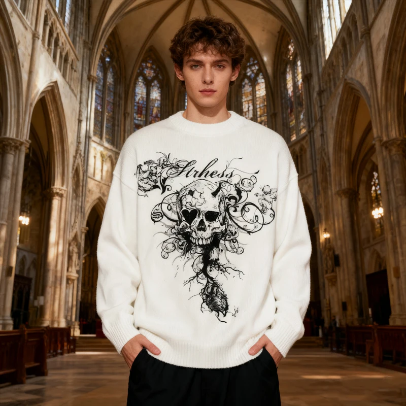 Vintage oversized white knitted sweater with Gothic skull atheist pattern, unisex avant-garde streetwear aesthetic sweater
Vintage oversized white knitted sweater with Gothic skull atheist pattern, unisex avant-garde streetwear aesthetic sweater