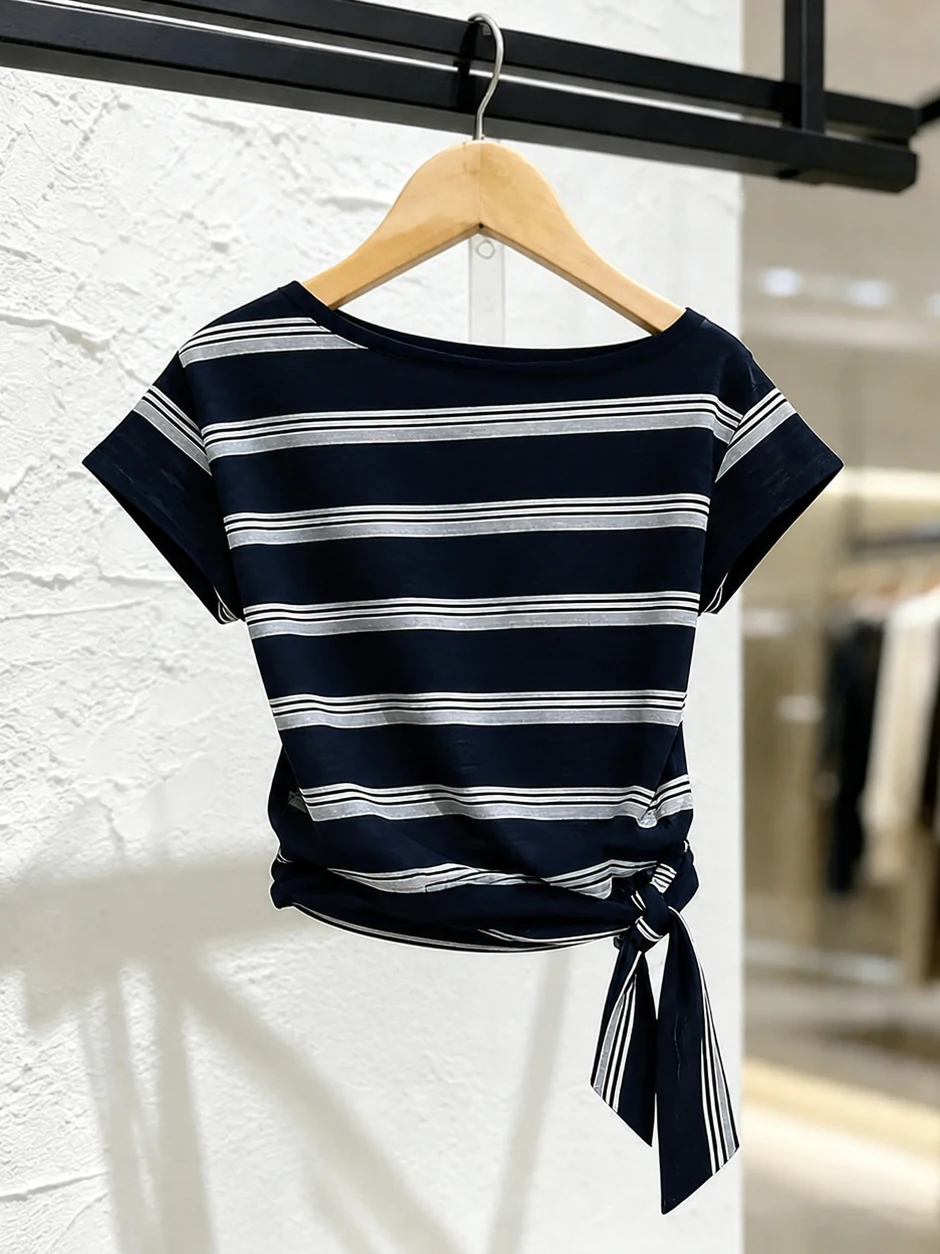 Fashionable Striped Short Sleeve Slim Fit Women's T-Shirt Korean Style Tie-Dye Trendy Age-Defying Top Commute Silk Blend
Fashionable Striped Short Sleeve Slim Fit Women's T-Shirt Korean Style Tie-Dye Trendy Age-Defying Top Commute Silk Blend