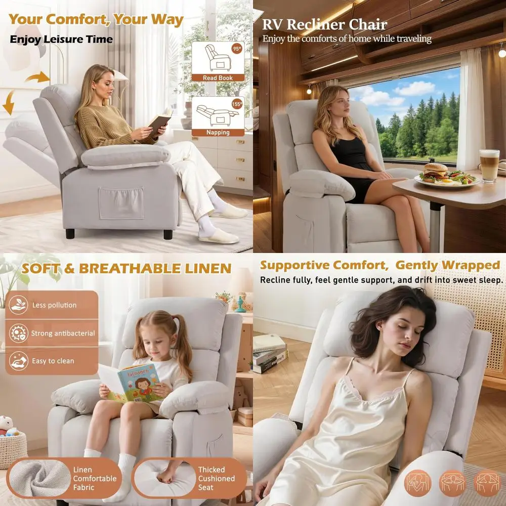 Linen Upholstered Recliner with Side Pockets for Living Room, Bedroom, and RV - Ideal for Small Spaces
Linen Upholstered Recliner with Side Pockets for Living Room, Bedroom, and RV - Ideal for Small Spaces