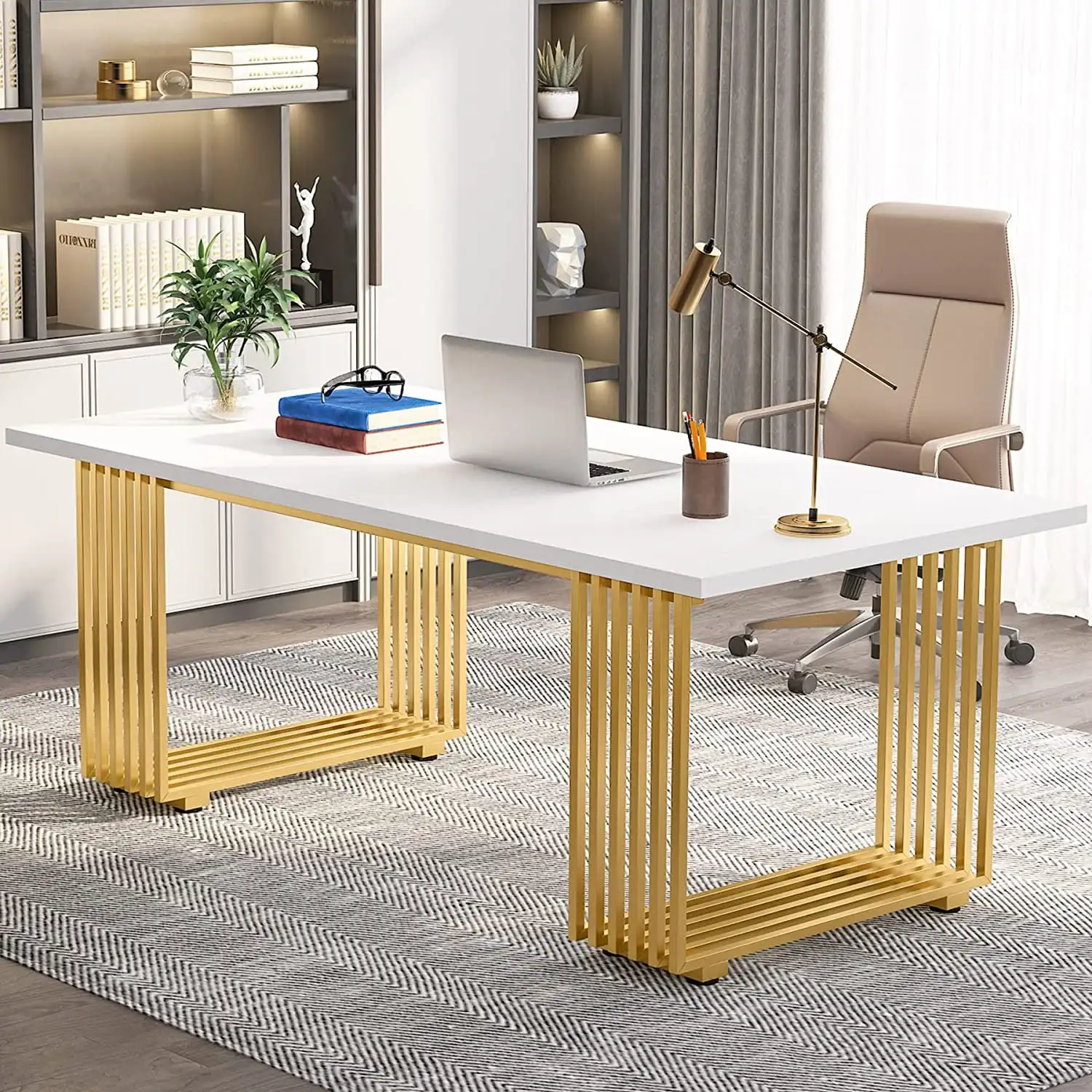 70.9" Executive Office Desk, Modern Conference Desk with Metal Frame, White Gold
70.9" Executive Office Desk, Modern Conference Desk with Metal Frame, White Gold