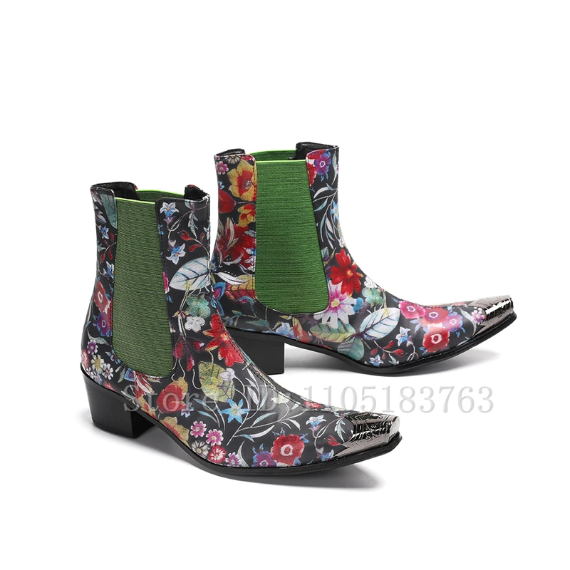 Men Vintage Floral Print Chelsea Ankle Boots Silver Metal Cap Pointed Toe Mid Block Heel Fashion Party Club Stage Short Boots
Men Vintage Floral Print Chelsea Ankle Boots Silver Metal Cap Pointed Toe Mid Block Heel Fashion Party Club Stage Short Boots
