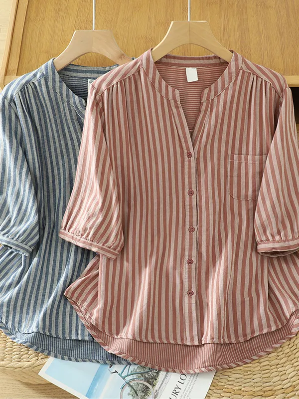 Summer Striped Shirt Women's Large Size Artistic Design Anti-Aging Fashion Top Trendy Loose Fit High Waist Five Sleeve Cotton
Summer Striped Shirt Women's Large Size Artistic Design Anti-Aging Fashion Top Trendy Loose Fit High Waist Five Sleeve Cotton
