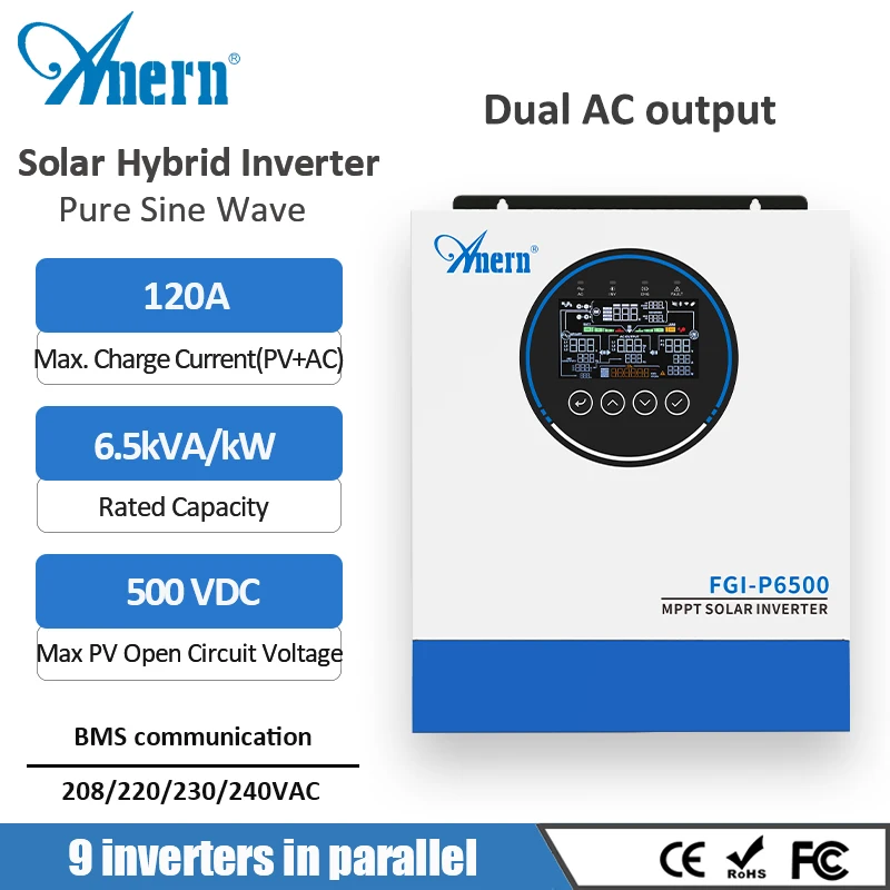 Anern 6.5KW Solar Inverters In Parallel Dual AC Output MPPT 120A Hybrid Inverter 48V MAX PV 500Vdc BMS Lithium and Lead-acid
Anern 6.5KW Solar Inverters In Parallel Dual AC Output MPPT 120A Hybrid Inverter 48V MAX PV 500Vdc BMS Lithium and Lead-acid