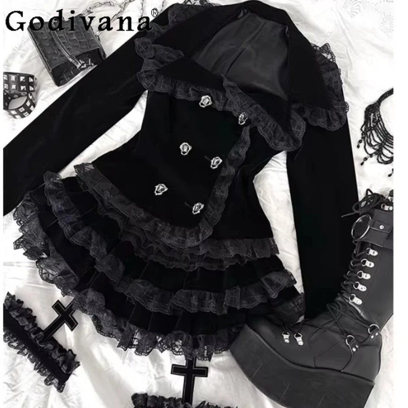 Spring Autumn Dark Gothic Court Double-breasted Long Sleeve Jacket Fashion Girl High Waist Lace Lolita Cake Skirt Two-piece Sets
Spring Autumn Dark Gothic Court Double-breasted Long Sleeve Jacket Fashion Girl High Waist Lace Lolita Cake Skirt Two-piece Sets