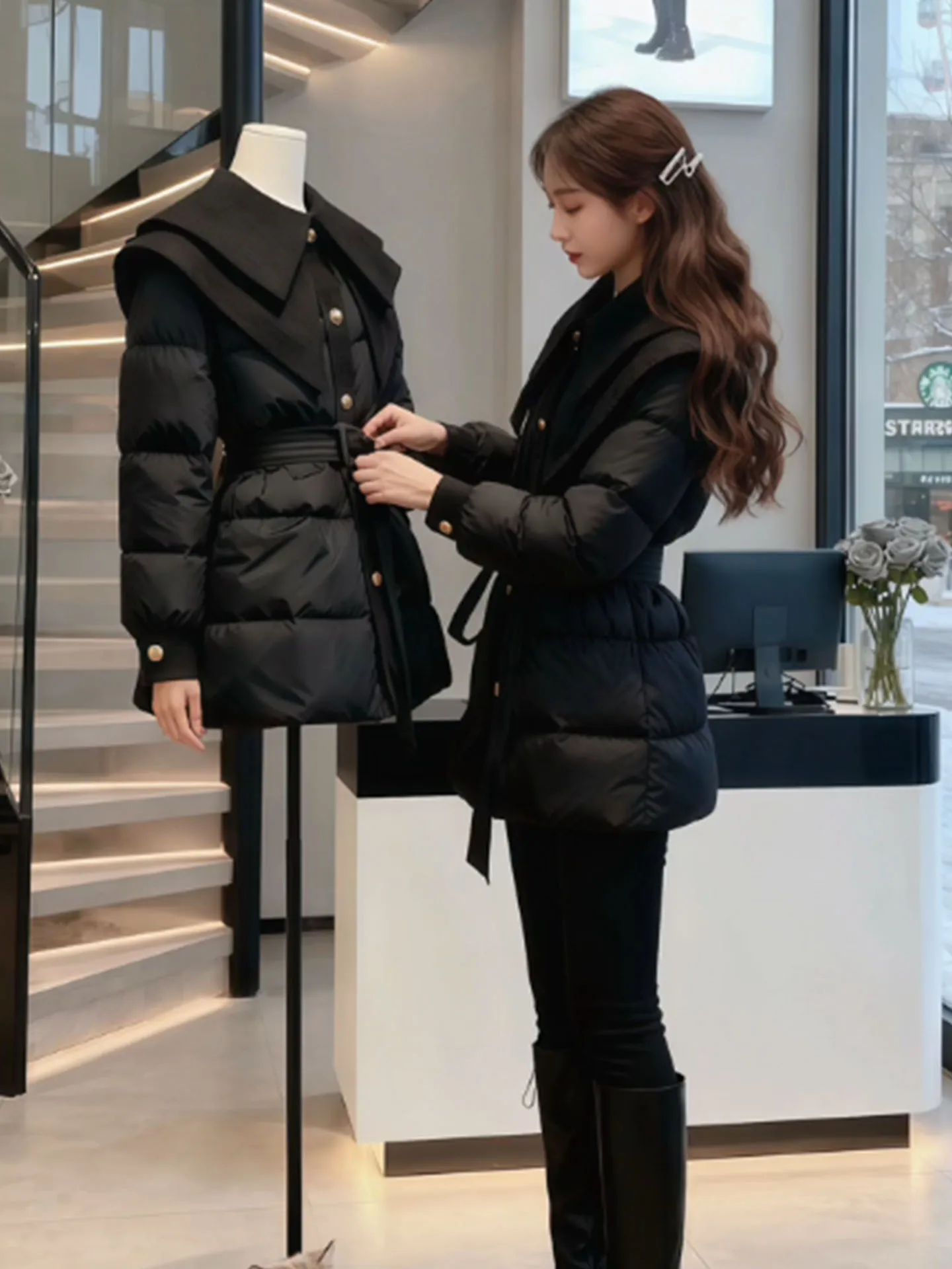 Bla awl Collar Waist-Cinching Women's down Jaet Luxury Sle Thiened Outerwear Ele Beautiful Winter Coat
Bla awl Collar Waist-Cinching Women's down Jaet Luxury Sle Thiened Outerwear Ele Beautiful Winter Coat