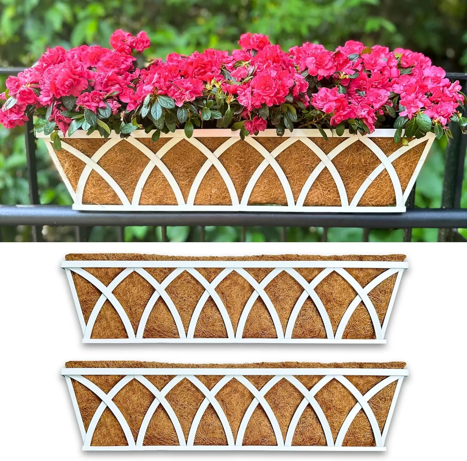 White Metal Rectangular Hanging Flower Box with Coco Liner, 30 Inch 2-Pack for Patio Balcony Fence
White Metal Rectangular Hanging Flower Box with Coco Liner, 30 Inch 2-Pack for Patio Balcony Fence