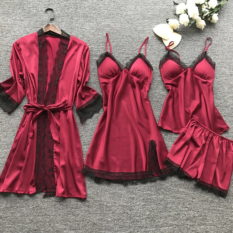 Women's 4-PCS Satin Solid Color Lace Trimmed Long Nightgown with V-Neck Camisole Nightgown and Camisole Vest Shorts Pajama Set
Women's 4-PCS Satin Solid Color Lace Trimmed Long Nightgown with V-Neck Camisole Nightgown and Camisole Vest Shorts Pajama Set