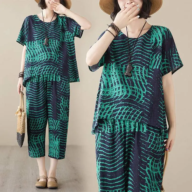 Summer Slub Cotton Linen Pants Two Piece Set Women Printed Middle Aged Loose Short Sleeved Shirt Capris Casual Outfits Z1478
Summer Slub Cotton Linen Pants Two Piece Set Women Printed Middle Aged Loose Short Sleeved Shirt Capris Casual Outfits Z1478