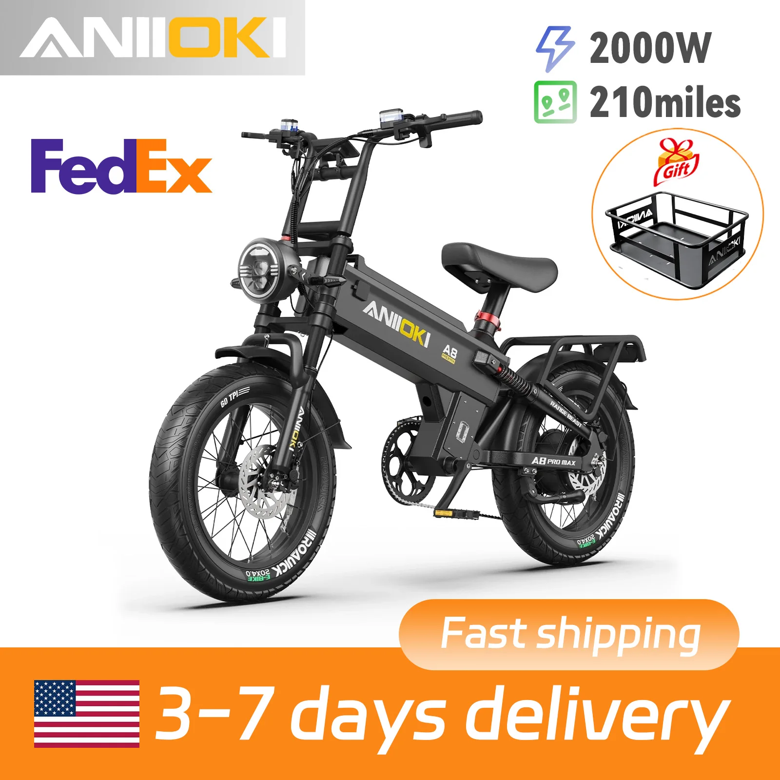 2000W Peak Motor Electric Bike ANIIOKI 52V 70Ah battery Ebike 32mph 20"*4" Fat Tires Long battery life Electric Bicycle
2000W Peak Motor Electric Bike ANIIOKI 52V 70Ah battery Ebike 32mph 20"*4" Fat Tires Long battery life Electric Bicycle
