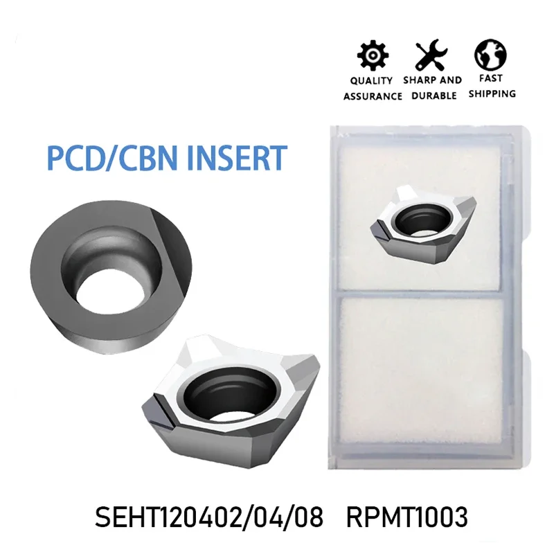 PCD CBN Diamond CNC inlay SEHT1204 RPMT1003 can process aluminum, copper, cast steel, quenched parts and other materials
PCD CBN Diamond CNC inlay SEHT1204 RPMT1003 can process aluminum, copper, cast steel, quenched parts and other materials