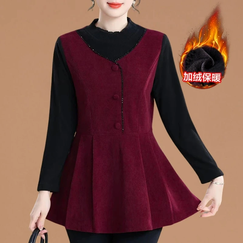 Autumn Winter Add Velvet Base Small Shirt Middle-aged Mother's Casual Fake Two-piece Long Sleeved Pullover Shirts Patchwork Tops
Autumn Winter Add Velvet Base Small Shirt Middle-aged Mother's Casual Fake Two-piece Long Sleeved Pullover Shirts Patchwork Tops