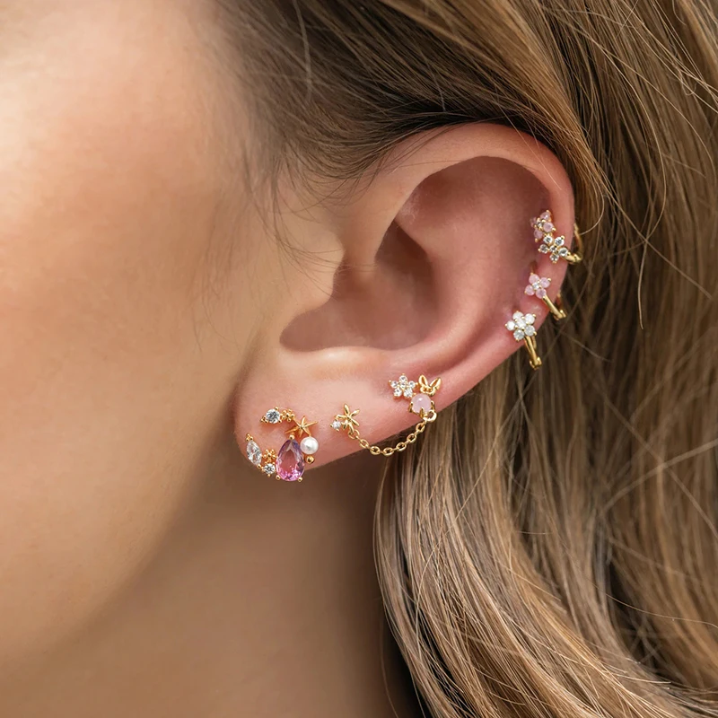 Exquisite Gold Color Flower Stud Chain Earrings for Women Pink Zircon Piercing Hoop Earrings Set Fashion Jewelry Wholesale
Exquisite Gold Color Flower Stud Chain Earrings for Women Pink Zircon Piercing Hoop Earrings Set Fashion Jewelry Wholesale