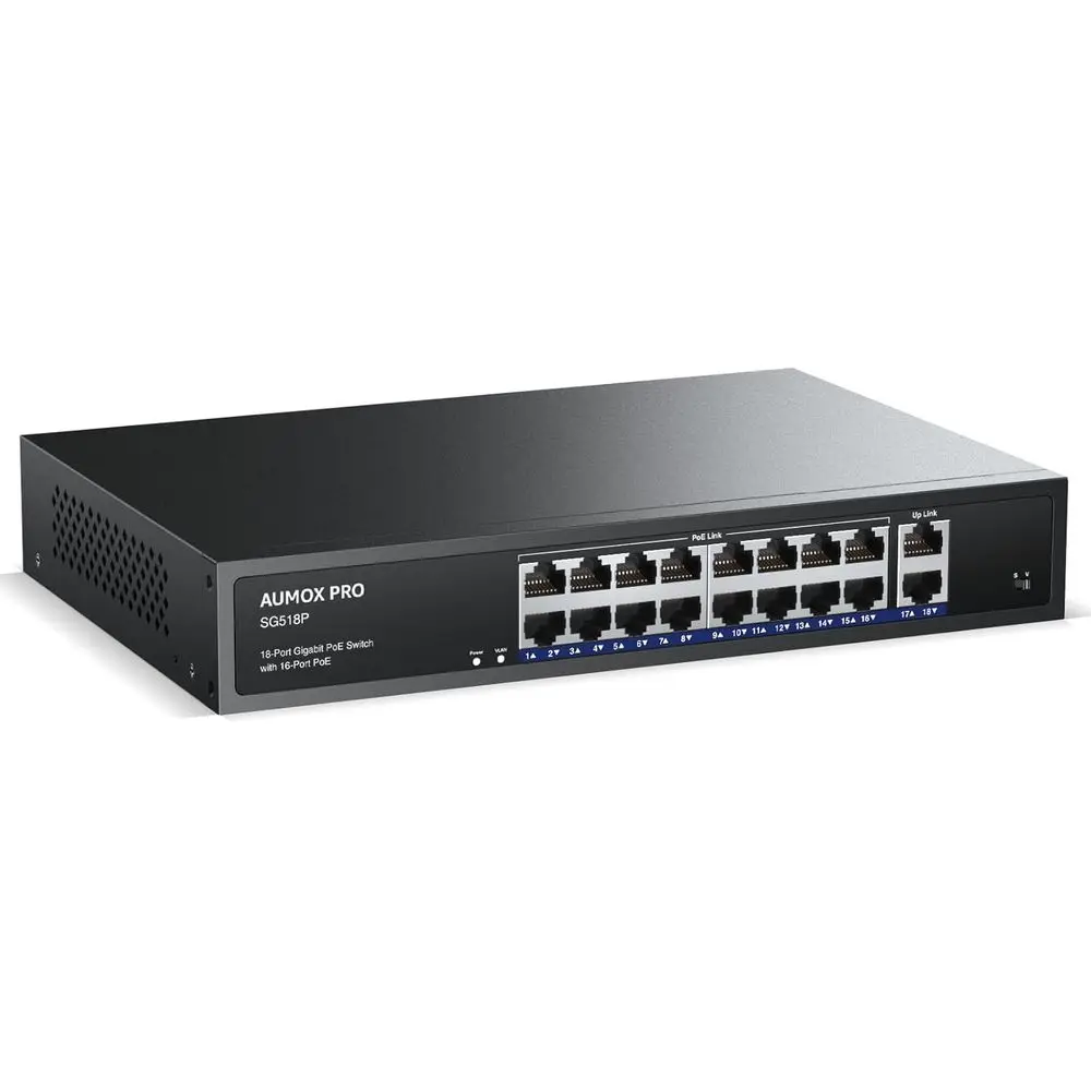 18-Port Gigabit Ethernet PoE Switch with 2 Uplink Ports, 250W Power Budget, Metal Case, Desktop/Wall/Rack Mount, 802.3at Complia
18-Port Gigabit Ethernet PoE Switch with 2 Uplink Ports, 250W Power Budget, Metal Case, Desktop/Wall/Rack Mount, 802.3at Complia