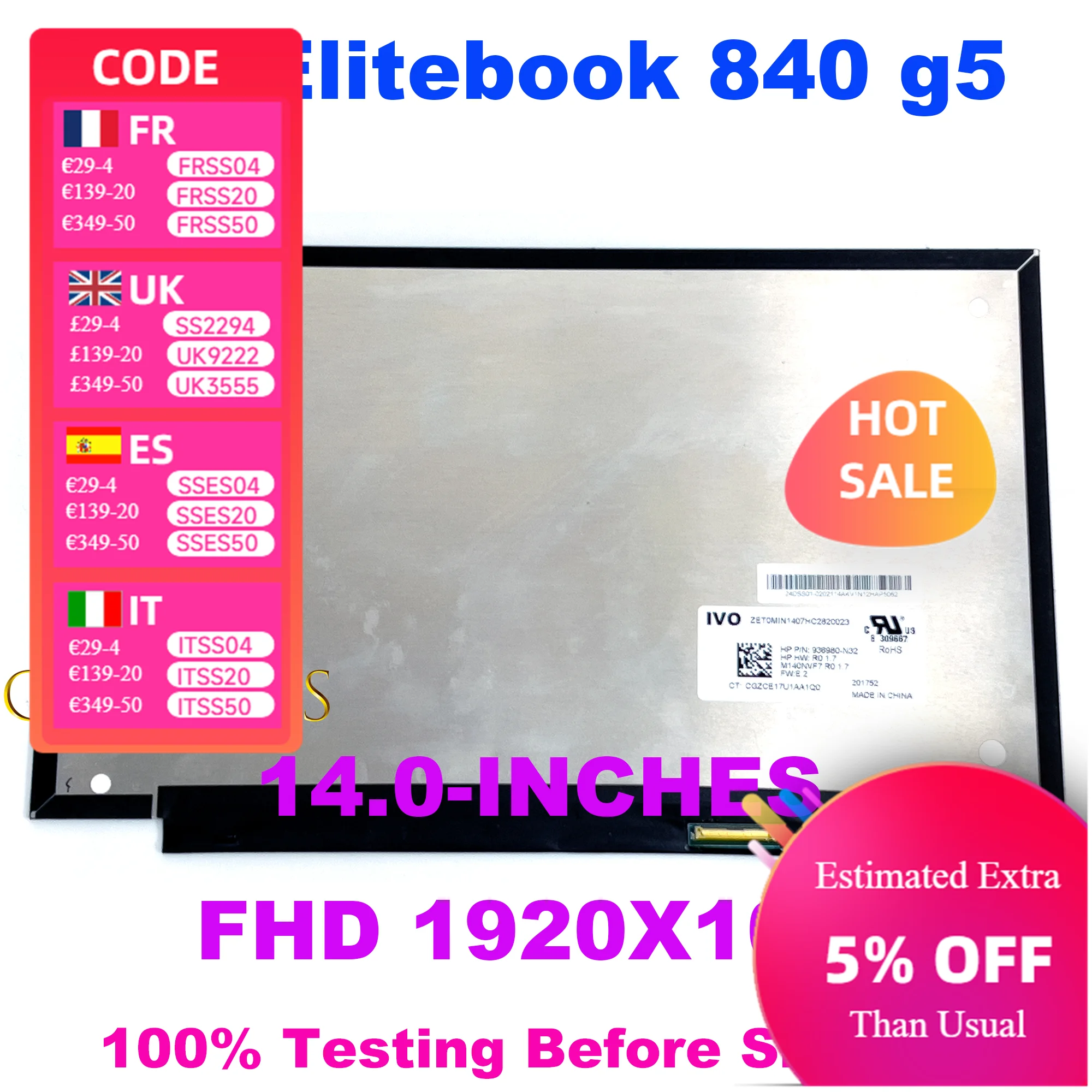 14" FHD IPS 120HZ LCD LED Screen M140NVF7 R0 1.7 HP ELITEBOOK 840 G5 1920x1080 40 Pins Display L18314-001
14" FHD IPS 120HZ LCD LED Screen M140NVF7 R0 1.7 HP ELITEBOOK 840 G5 1920x1080 40 Pins Display L18314-001