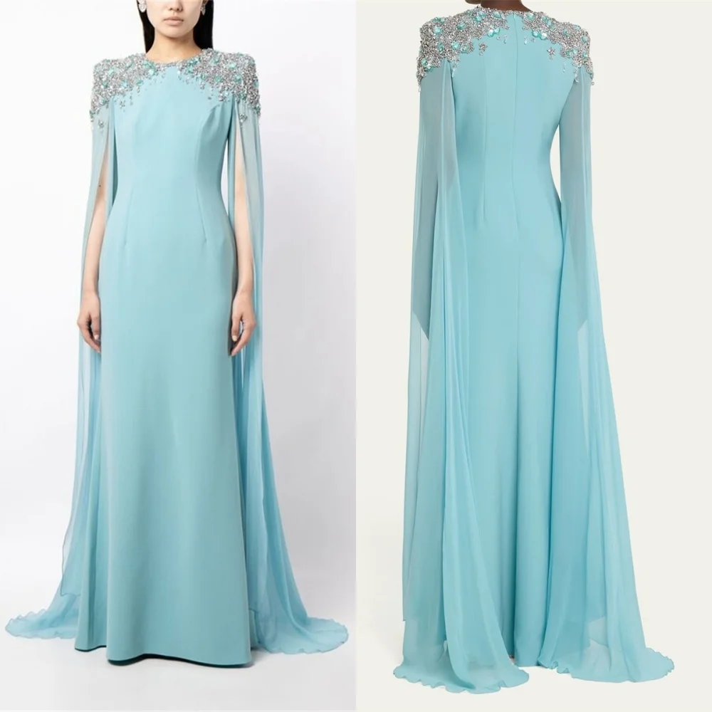 Customized Graceful Light Blue Jersey Evening Dress Simple Crew Neck Long Sleeves Zipper Back Crystal Special Occasion Gowns
Customized Graceful Light Blue Jersey Evening Dress Simple Crew Neck Long Sleeves Zipper Back Crystal Special Occasion Gowns
