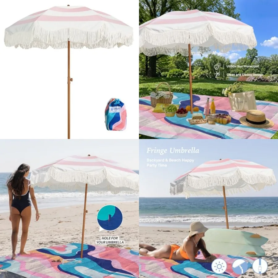 Boho Fringe Umbrella with Outdoor Blanket, 6.5ft UPF50+ Picnic Umbrella with Tassels with Steel Pole and Push Button Tilt
Boho Fringe Umbrella with Outdoor Blanket, 6.5ft UPF50+ Picnic Umbrella with Tassels with Steel Pole and Push Button Tilt