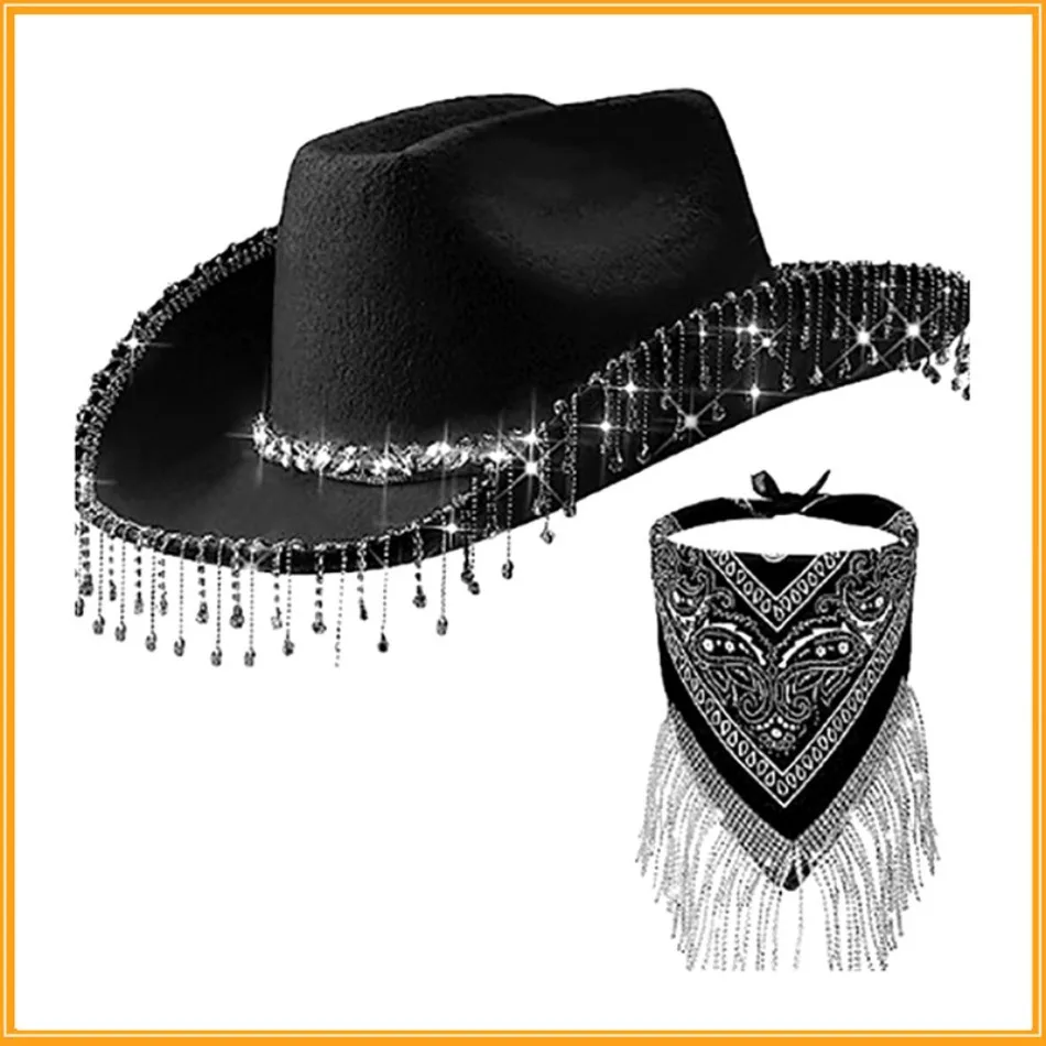 Felt Cowgirl Hat Glitter Rhinestone Fringe Cowboy Hat with Fringed Bandana Bling Tassels Halloween Cosplay Costumes Props
Felt Cowgirl Hat Glitter Rhinestone Fringe Cowboy Hat with Fringed Bandana Bling Tassels Halloween Cosplay Costumes Props