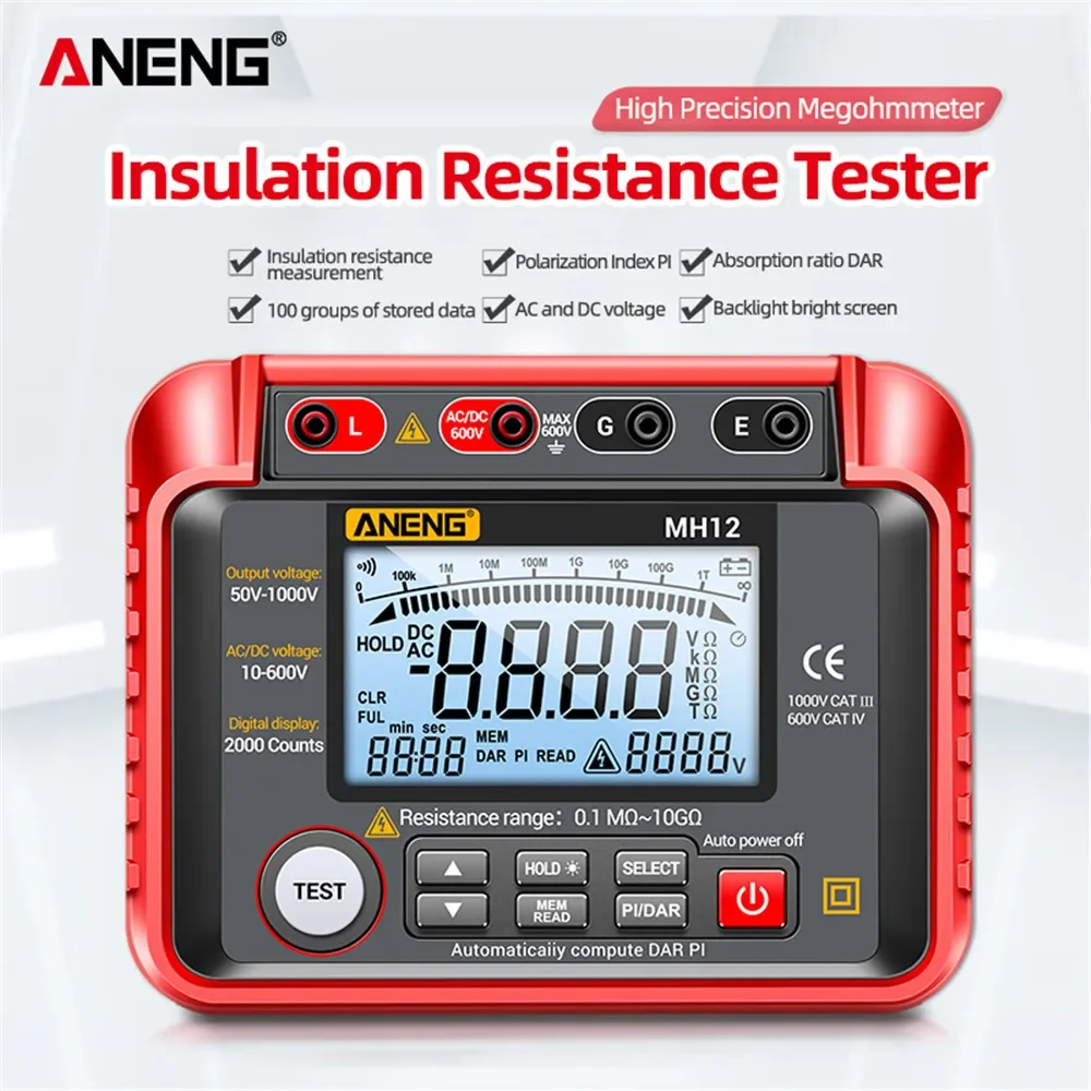 Digital Megohmmeter ANENG MH12 1000V Insulation Resistance Meters Earth Tester cable High Voltage Voltmeter Meter test tools
Digital Megohmmeter ANENG MH12 1000V Insulation Resistance Meters Earth Tester cable High Voltage Voltmeter Meter test tools