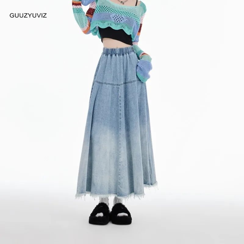 GUUZYUVIZ Denim Pleated A Line Skirts Women Tassel Fragmented Edge Elastic Waistline Gradual Light Blue
GUUZYUVIZ Denim Pleated A Line Skirts Women Tassel Fragmented Edge Elastic Waistline Gradual Light Blue