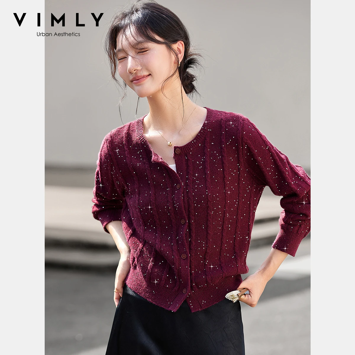 VIMLY Red Sequined Cardigan Woman Autumn 2025 New Long Sleeve Knit Ladies Sweater Casual Crew Neck Button Female Cardigan 75089
VIMLY Red Sequined Cardigan Woman Autumn 2025 New Long Sleeve Knit Ladies Sweater Casual Crew Neck Button Female Cardigan 75089