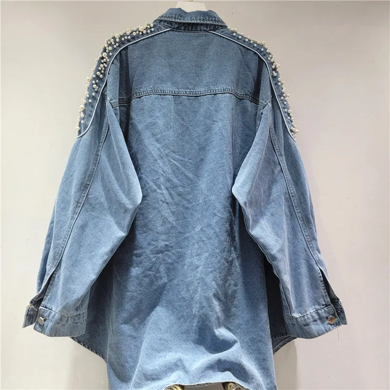 Heavy Work Pearl Beaded Blue Denim Shirt Jacket Spring Autumn Women Casual Lapel Long Sleeve Single-Breasted Jeans Jacket Coat
Heavy Work Pearl Beaded Blue Denim Shirt Jacket Spring Autumn Women Casual Lapel Long Sleeve Single-Breasted Jeans Jacket Coat