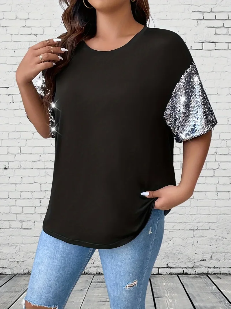 Women's Plus Size 1XL-5XL Casual Crew Neck Short-sleeved T-shirt Temperament Commuter Top Fashion Sequin Patchwork T-shirt
Women's Plus Size 1XL-5XL Casual Crew Neck Short-sleeved T-shirt Temperament Commuter Top Fashion Sequin Patchwork T-shirt