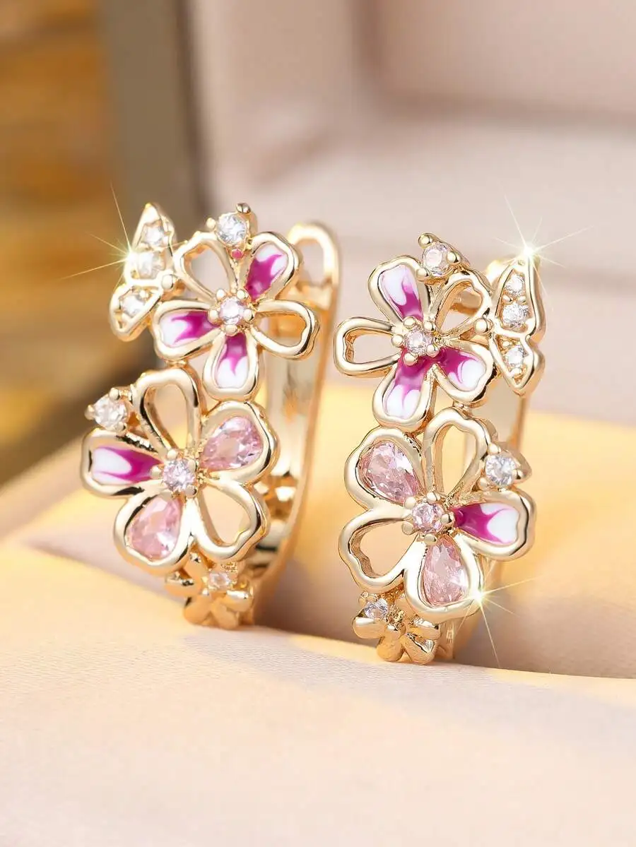 Elegant Pink Cubic Zirconia Flower Petal Champagne Gold Plated Earrings For Women Party Daily Wear
Elegant Pink Cubic Zirconia Flower Petal Champagne Gold Plated Earrings For Women Party Daily Wear