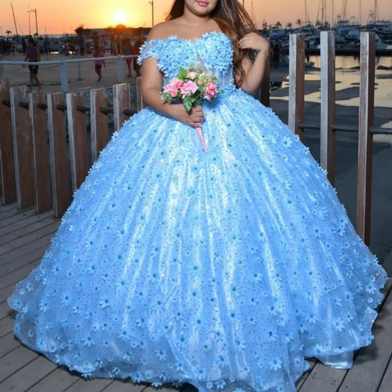 Блестящее синее платье для квинсеаньеры с открытыми плечами, 3D цветочными аппликациями, кружевом и длинным шлейфом, Vestidos De 15 Quinceanera Настройте на свой вкус
Блестящее синее платье для квинсеаньеры с открытыми плечами, 3D цветочными аппликациями, кружевом и длинным шлейфом, Vestidos De 15 Quinceanera Настройте на свой вкус