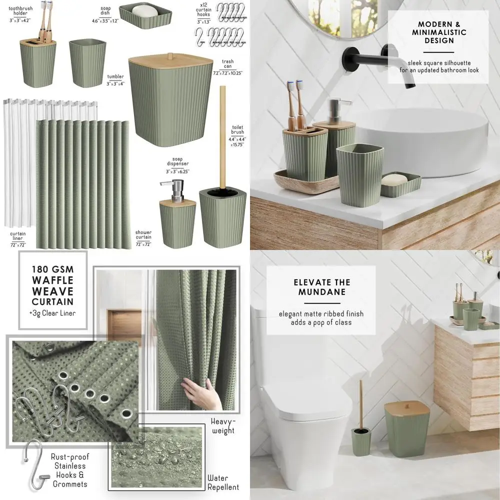 Набор аксессуаров для ванной комнаты Sage Green из 20 предметов: занавеска для душа, щетка для унитаза, мусорное ведро и дозатор мыла
Набор аксессуаров для ванной комнаты Sage Green из 20 предметов: занавеска для душа, щетка для унитаза, мусорное ведро и дозатор мыла