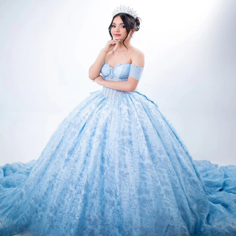 Sky Blue Shiny Ball Gown Quinceanera Dresses Sequin Applique Beading Crystal Tull Corset Off Shoulder Sweet 16 Dress vestidos de
Sky Blue Shiny Ball Gown Quinceanera Dresses Sequin Applique Beading Crystal Tull Corset Off Shoulder Sweet 16 Dress vestidos de