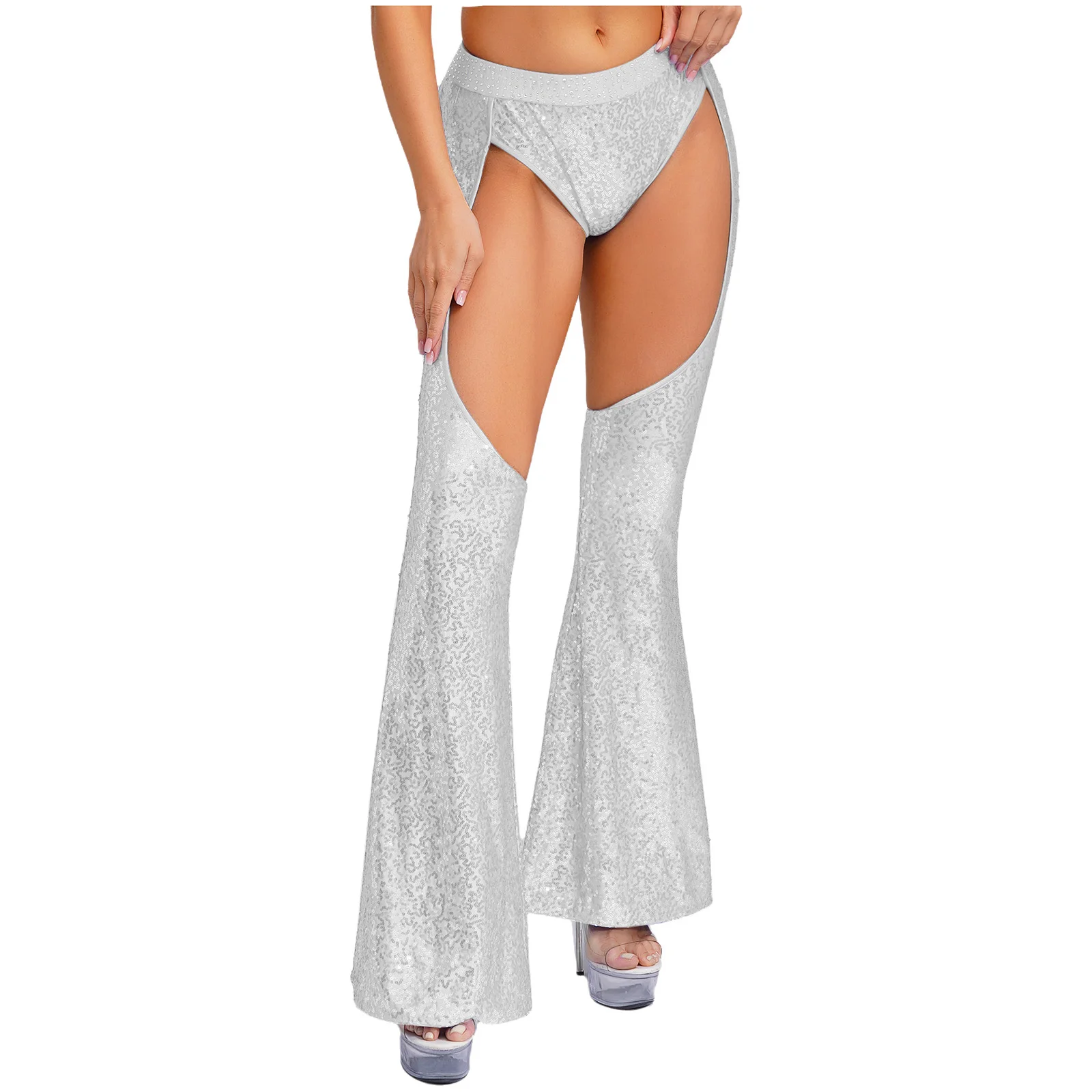 Women Stylish Sequin 70s 80s Disco Dance Flared Pants Shiny Elastic Waist Hollow Out Chaps Long Pants for Halloween Club Party 
Women Stylish Sequin 70s 80s Disco Dance Flared Pants Shiny Elastic Waist Hollow Out Chaps Long Pants for Halloween Club Party