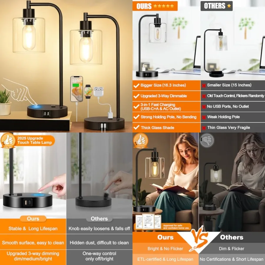 Set of 2 Industrial Touch Control Table Lamps with USB C+A Ports and AC Outlet - 3-Way Dimmable Black Bedside Lamps Nightstand
Set of 2 Industrial Touch Control Table Lamps with USB C+A Ports and AC Outlet - 3-Way Dimmable Black Bedside Lamps Nightstand