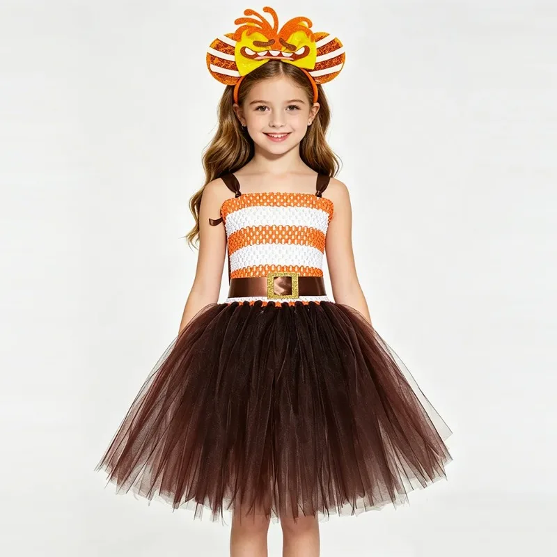 Girls' Orange and White Striped Tulle Fluffy Dress Set with Cartoon Patterns, Casual Outfit for Kids' Festive & Daily Wear
Girls' Orange and White Striped Tulle Fluffy Dress Set with Cartoon Patterns, Casual Outfit for Kids' Festive & Daily Wear
