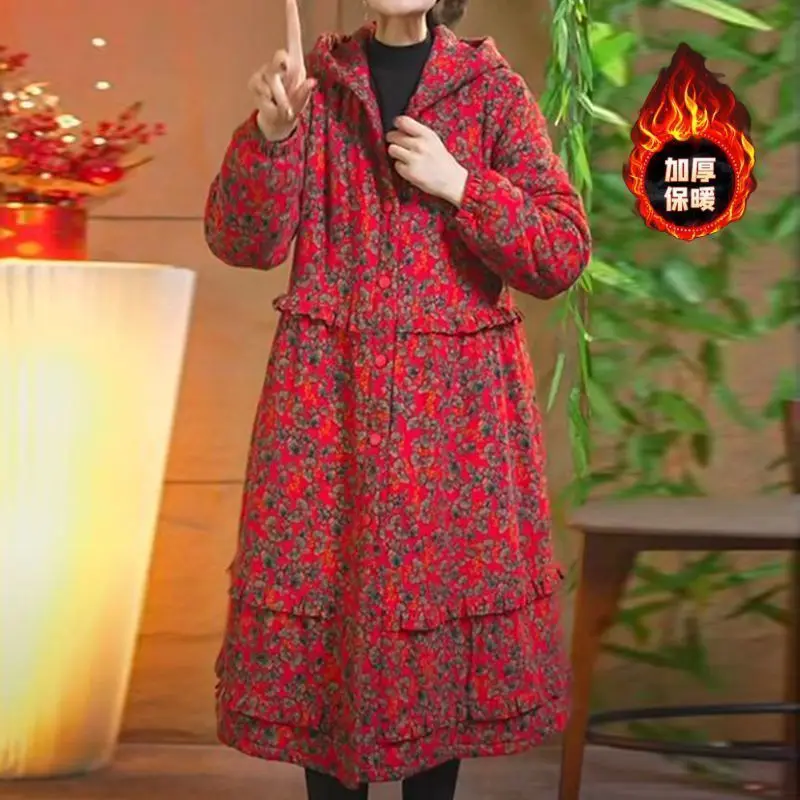 Autumn Fleece Thick Floral Print Cotton Coat Hooded Women's Clothing Long Cotton-padded Jacket Design Long Sleeve Outerwear New
Autumn Fleece Thick Floral Print Cotton Coat Hooded Women's Clothing Long Cotton-padded Jacket Design Long Sleeve Outerwear New