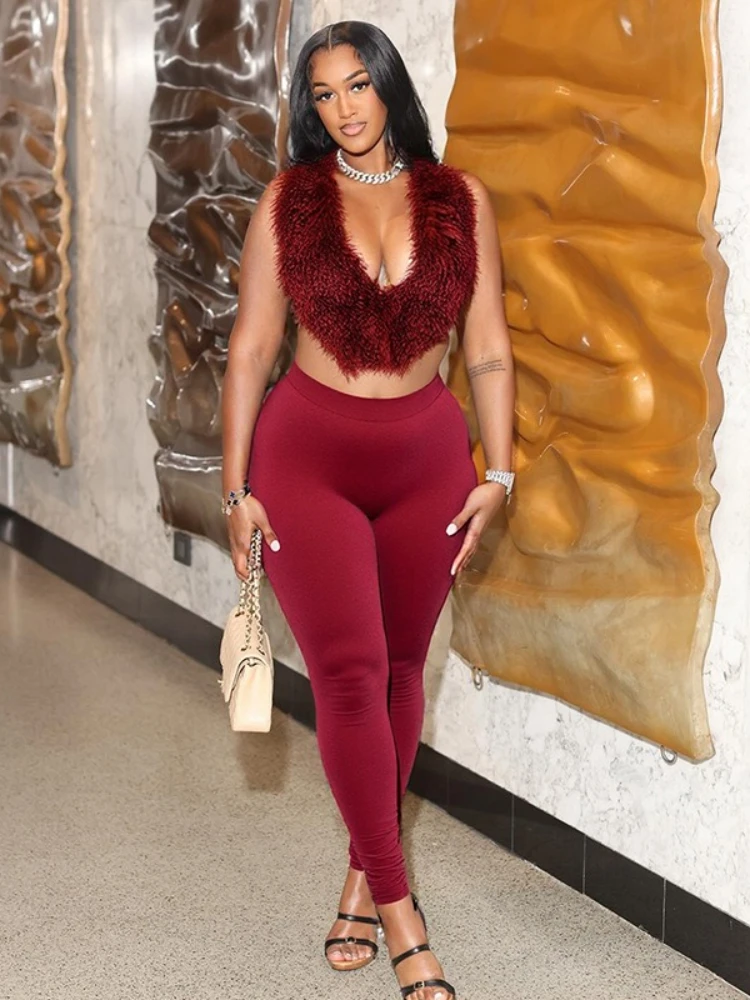 FDYOUI Women Halter Neck Lacee-up Backless Fur Tops and Leggings Two Pieces Set Sexy Bandage Skinny Long Pants Night Club Suit
FDYOUI Women Halter Neck Lacee-up Backless Fur Tops and Leggings Two Pieces Set Sexy Bandage Skinny Long Pants Night Club Suit