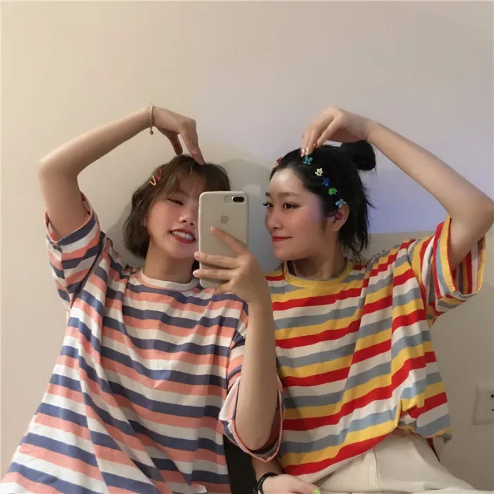 Летняя корейская версия, полосатая футболка с короткими рукавами, свободный топ, женская футболка, женская одежда
Летняя корейская версия, полосатая футболка с короткими рукавами, свободный топ, женская футболка, женская одежда