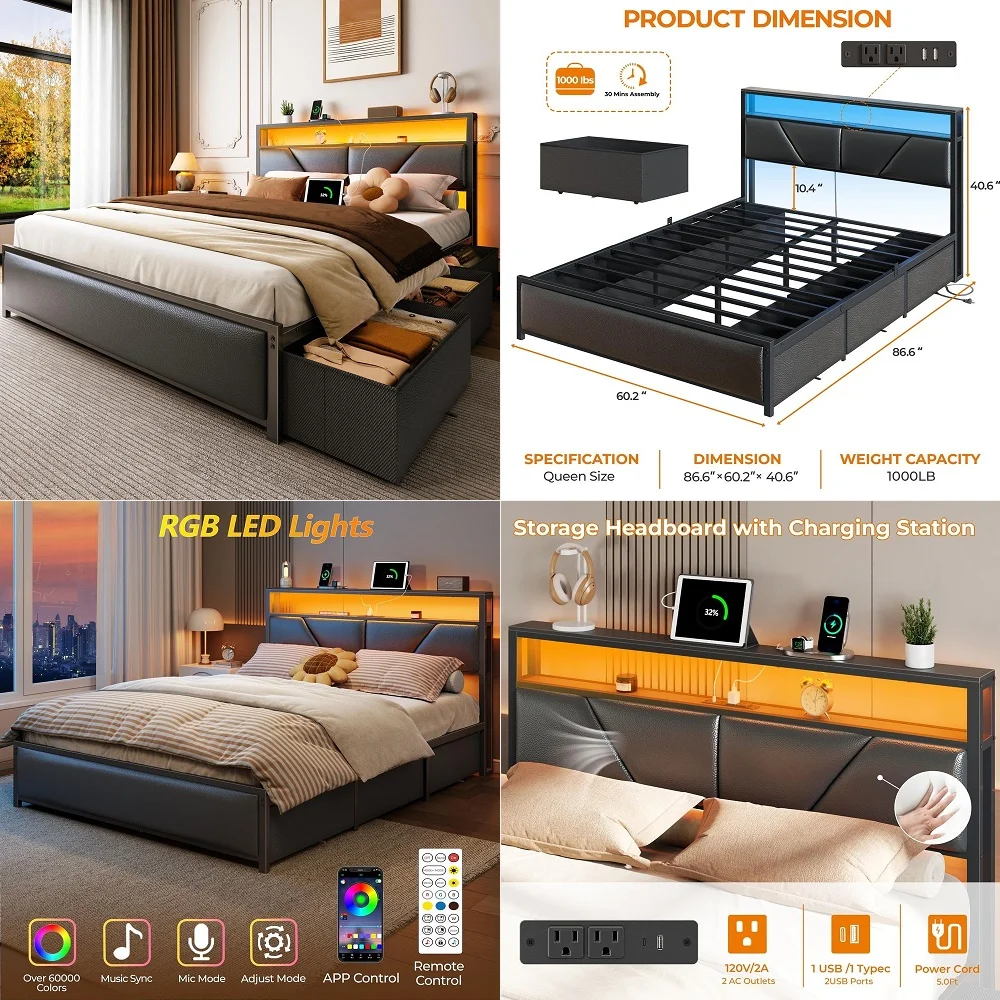 Queen Bed Frame, 2Tier Storage Headboard amp 6 Fabric Drawers, PU Leather Upholstered Queen Size Platform Bed with Charging Sta
Queen Bed Frame, 2Tier Storage Headboard amp 6 Fabric Drawers, PU Leather Upholstered Queen Size Platform Bed with Charging Sta