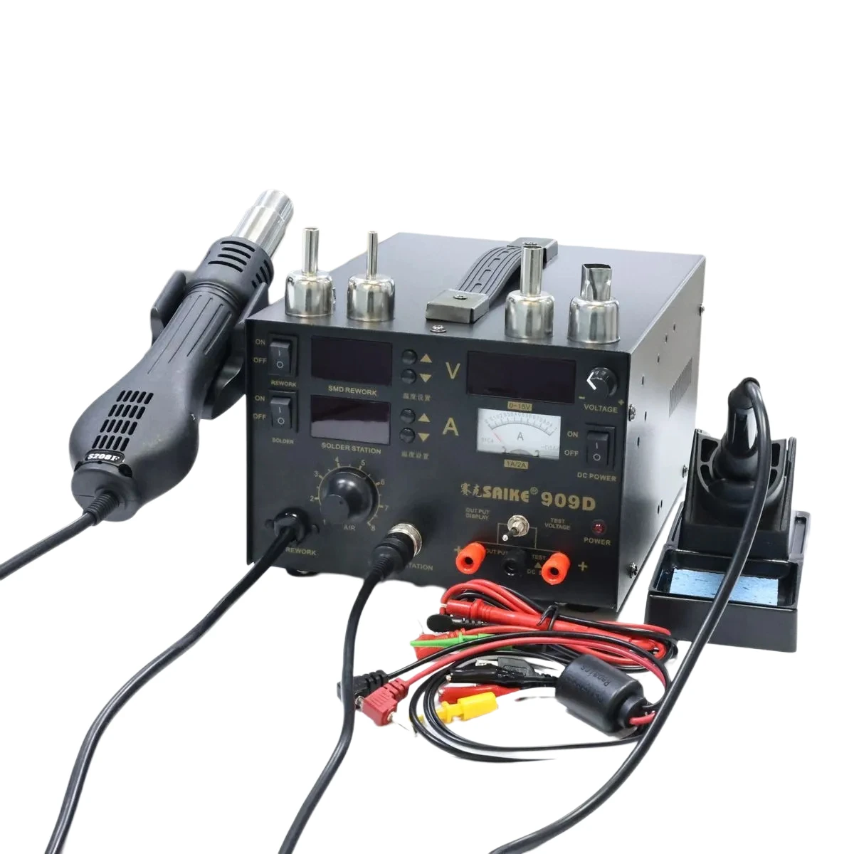Saike 909D Soldering Iron Hot Air Gun Station+Soldering iron+DC Power supply 3 in1 electric rework station Adjustable PCB repair
Saike 909D Soldering Iron Hot Air Gun Station+Soldering iron+DC Power supply 3 in1 electric rework station Adjustable PCB repair