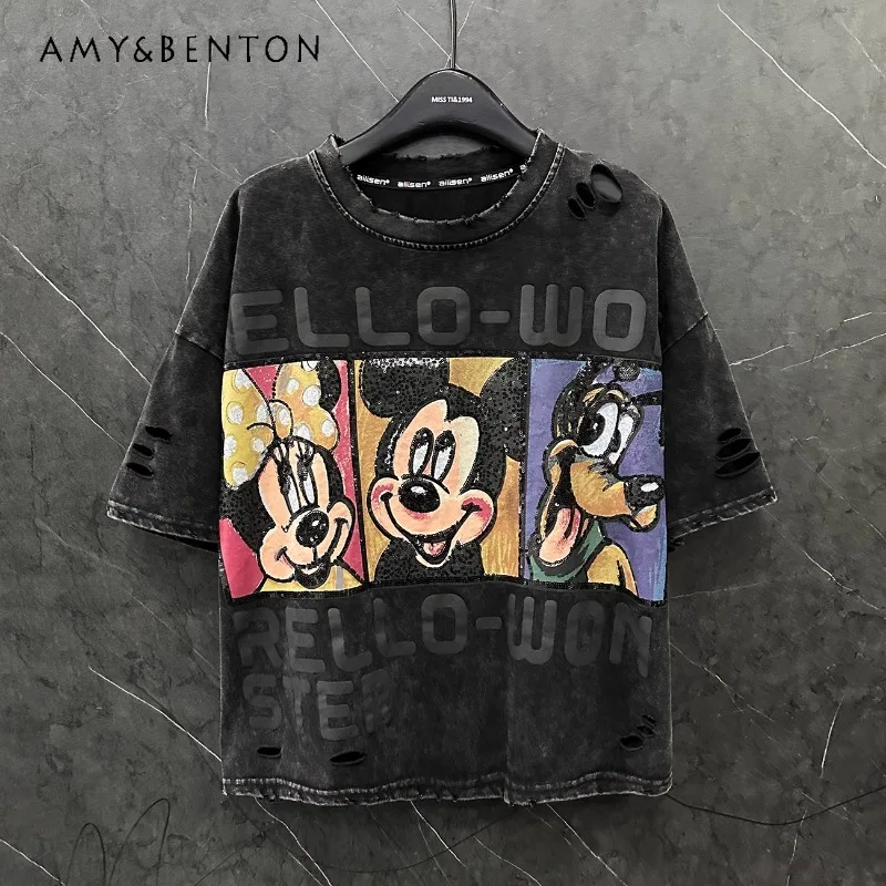 Spring Summer New Cartoon Design Sense Hole Short-sleeved T-shirt Women's Loose Casual Style Versatile Small Top Harajuku Tees
Spring Summer New Cartoon Design Sense Hole Short-sleeved T-shirt Women's Loose Casual Style Versatile Small Top Harajuku Tees